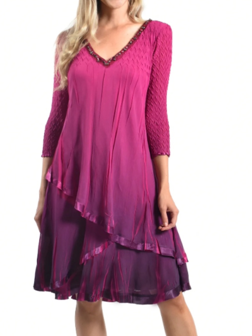 NWT Komarov Purple Crinkle Tiered Beaded V-Neck Midi Dress Medium
Travel Friendl
